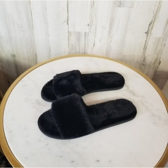 INC Faux Fur Slide Sandal Slipper Black - Picture 1 of 3